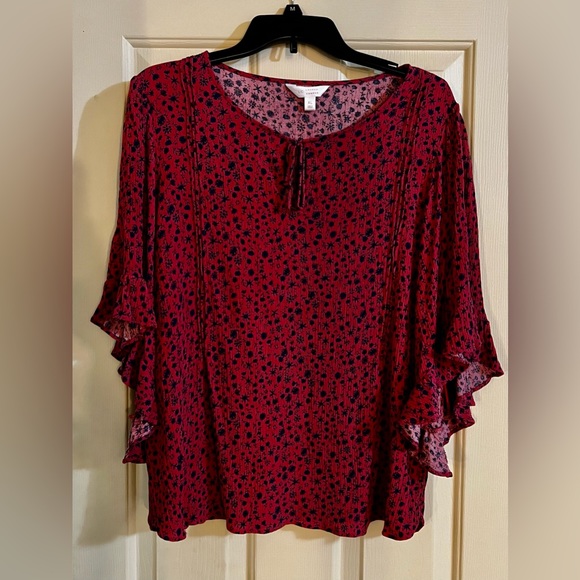 LC Lauren Conrad Tops - LC Lauren Conrad Blouse Bell Sleeves Red and Blue Floral Size XL Rayon Boho